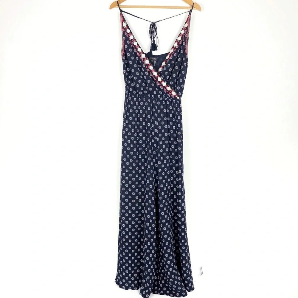 1.State | Navy Embroidered Wide Leg Slit Jumpsuit - Picture 5 of 8
